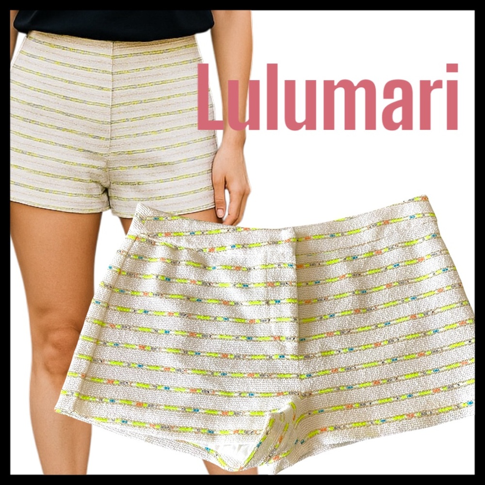 Lulumari Cream/Neon Green/Gold Thread Textured Tweed Short Shorts (S)